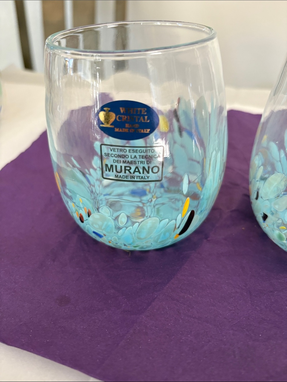 Murano White Crystal Blue Light Confetti Stemless Wine Tumblers Hand Made Italy - Picture 2 of 6